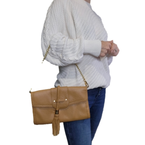 Clutch Handbag removable shoulder strap tassel Leather Tan Gold color C WONDER - Picture 2 of 13